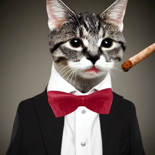 Image similar to cat wearing a suit smoking a cigar