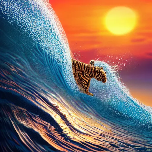 Prompt: a closeup photorealistic photograph of a knitted cute tiger hippopotamus riding an epic wave during sunset. extreme texture. surf in the background. professional capture. brightly lit scene. this 4 k hd image is trending on artstation, featured on behance, well - rendered, extra crisp, features intricate detail, epic composition and the style of unreal engine.