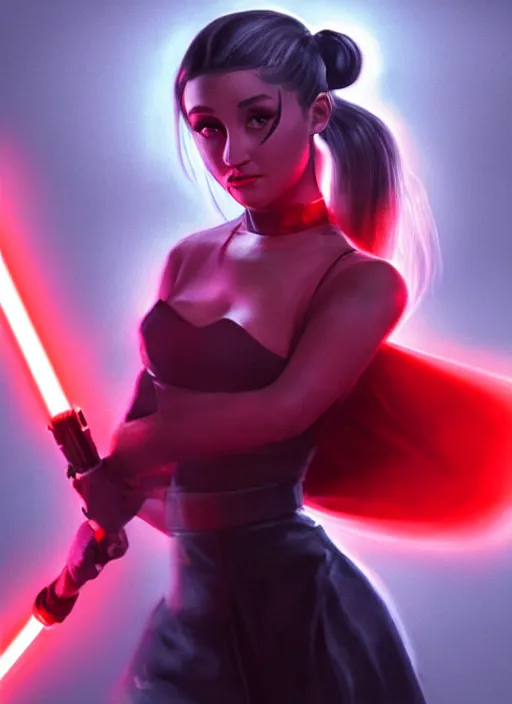 Prompt: Photo of Sith Ariana Grande with two red light saber, Star Wars concept art, trending on artstation, dramatic lighting, photo-realistic