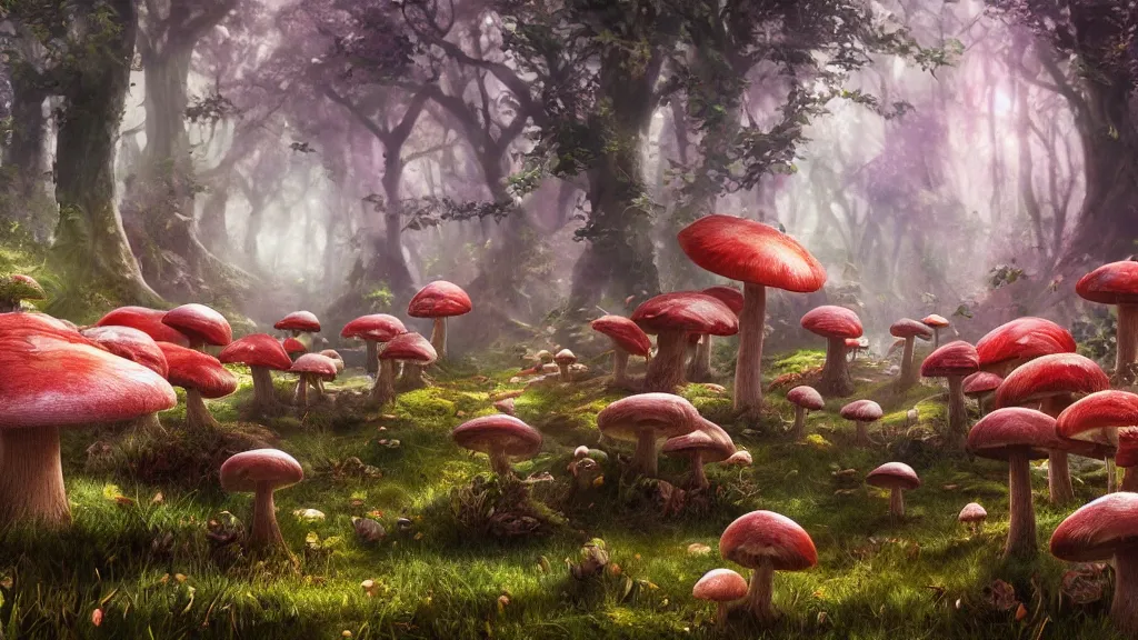 Image similar to mushroom forest, fantasy artwork, very very very beautiful scenery, hd, hdr, ue5, ue6, unreal engine 5, cinematic 4k wallpaper, 8k, ultra detailed, high resolution, artstation, award winning