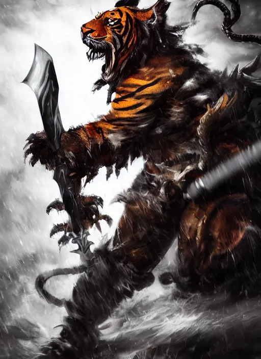 Image similar to fullbody, dark, evil villan character, very hostile very angry realistic detailed semirealism tiger man wearing samurai armor. fire Tiger_character, tiger_beast, 獣, FFXIV, iconic character splash art, angry character wielding a sword, blade, katana, blurred background, muscular scary brute, MMOrpg, dramatic cinematic Detailed fur, tank type character, detailed metal textures, 4K high resolution quality artstyle professional artists WLOP, Aztodio, Taejune Kim, Guweiz, Pixiv, Instagram, Artstation