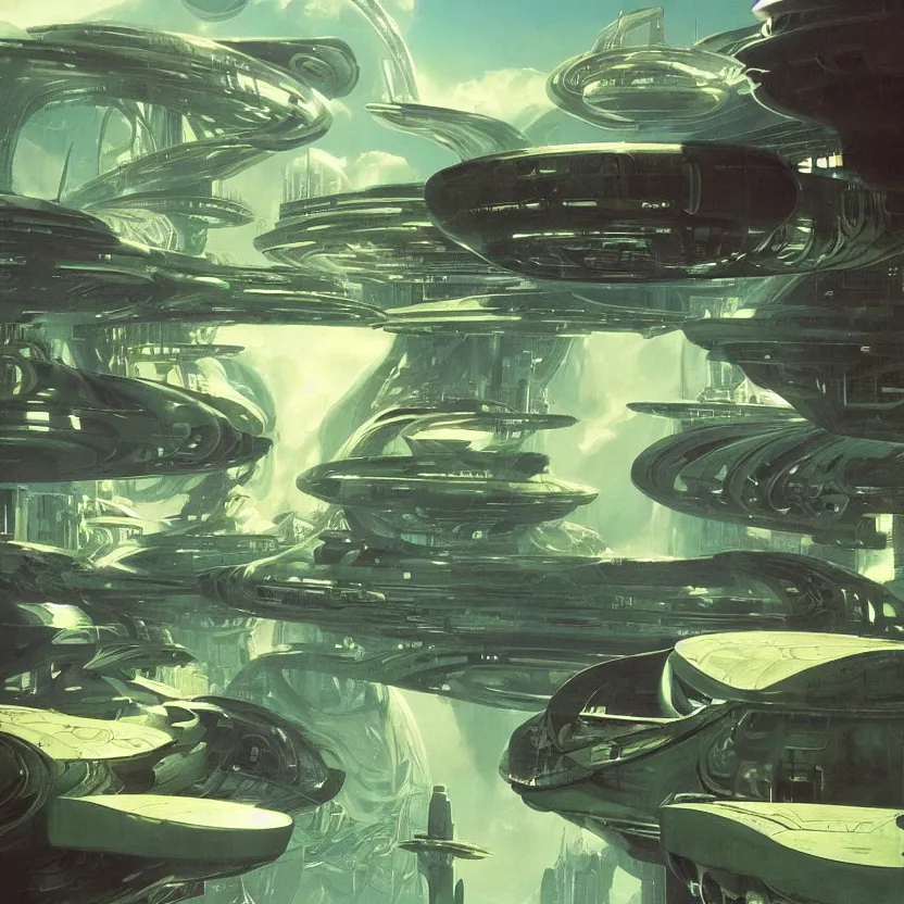 Image similar to beautiful matte painting album cover art of green gardens with roads on a futuristic sci-fi space station, cinematic angle, cinematic lighting, blue sky, by Syd Mead, John Harris, Federico Pelat