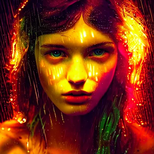 Image similar to bright asthetic portrait LSD glowing backlit rain on face and wet hair in strands, overhead lighting, fantasy, intricate, elegant, dramatic lighting, highly detailed, lifelike, photorealistic, digital painting, artstation, illustration, concept art, smooth, sharp focus, art by John Collier and Albert Aublet and Krenz Cushart and Artem Demura and Alphonse Mucha