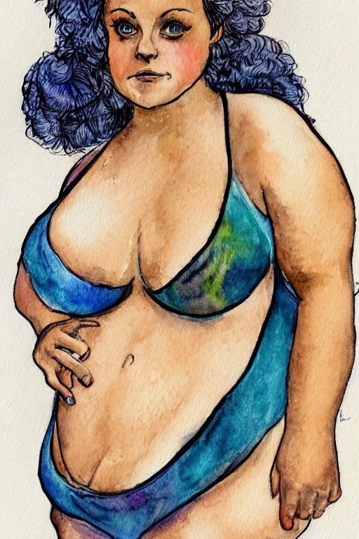 Image similar to A detailed upper body portrait of Christina Ricci as an obese go-go dancer wearing a bikini in the 1900s. Watercolor, inked lines. In the style of Froud and Alain Aslan.