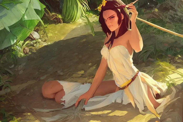 Image similar to half orc half elf woman, beautiful face and small orc tusks, tropical mage dress with high slit, several layers of fabric, laying in some shade on the beach, strong sunlight, bright light, light bloom, by ilya kuvshinov, krenz cushart, Greg Rutkowski, trending on pixiv