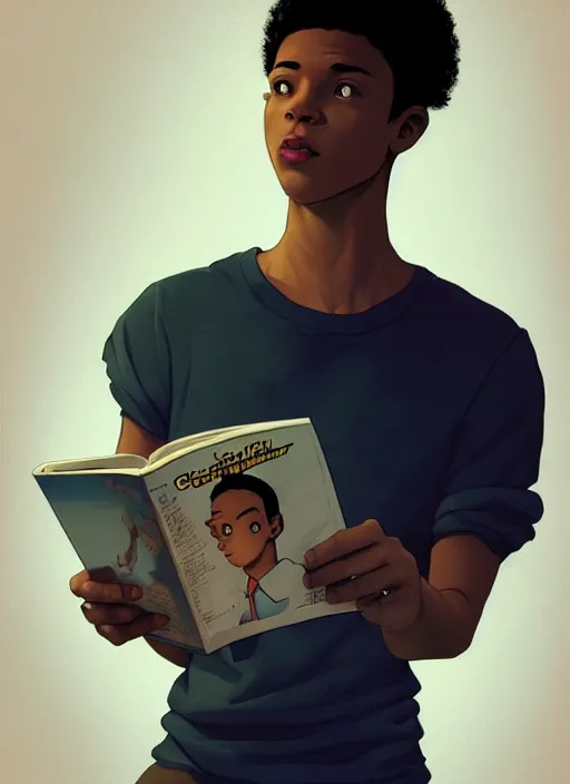 Image similar to portrait of chuck clayton, lightskin black teenage boy, very short curly hair, very short hair, short hair, strong jawline, square jaw, slight smile, reading archie comic, intricate, elegant, glowing lights, highly detailed, digital painting, artstation, concept art, smooth, sharp focus, illustration, art by wlop, mars ravelo and greg rutkowski