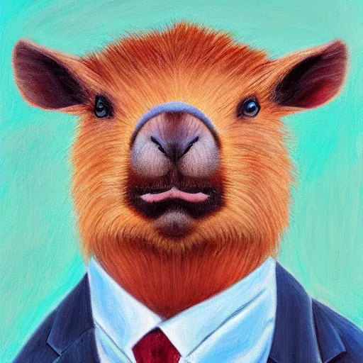 Image similar to capybara wearing a suit, portrait, painting, high quality art