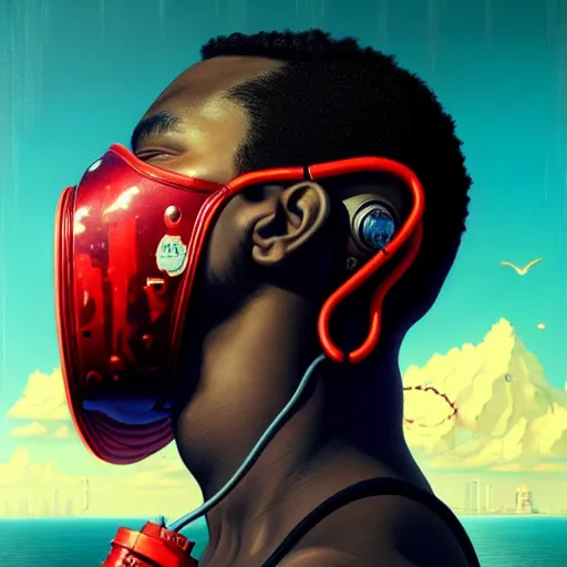 Image similar to a portrait of a black man :: side profile :: blood :: background sea :: intricate details :: futuristic oxygen mask :: 8k :: simon stalenhag and Sandra Chevrier