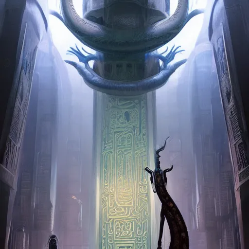 Image similar to portrait of tall, long-necked lipless mutant with scaled face and serpent eyes wearing gauze toga and standing in cyberpunk art deco mosque, alien bestiary by Barlowe, Greg Rutkowski, and Yoshitaka Amano