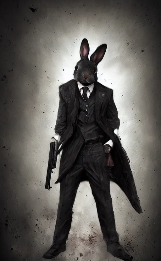 Image similar to dark fantasy photorealistic portrait concept art of a bunny hitman, trending on art station, stunning visuals, creative, cinematic, ultra detailed