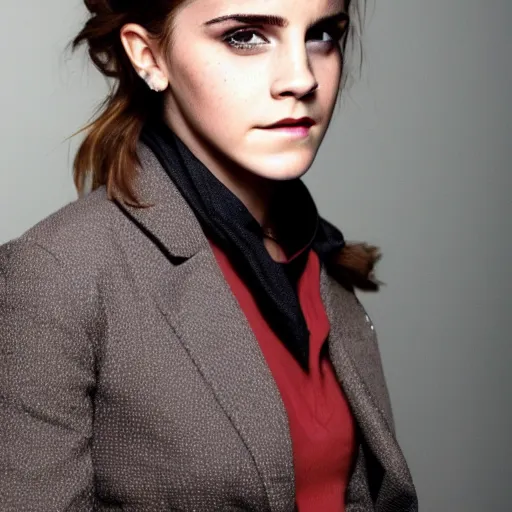 Image similar to A photo of tough looking emma watson. she has rings on his fingers. 50 mm.