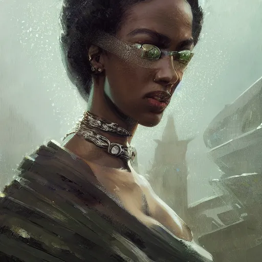 Image similar to A head-on detailed oil fantasy portrait of a black woman with pale green eyes and long white hair by greg rutkowski, trending on artstation, dungeon and dragons art