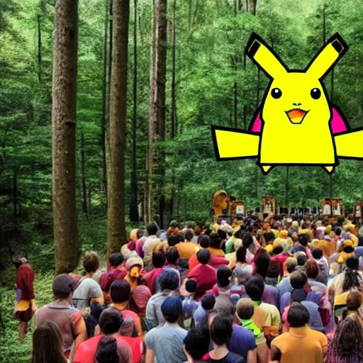 Image similar to photo of a group of people worshipping a giant pikachu in a forest