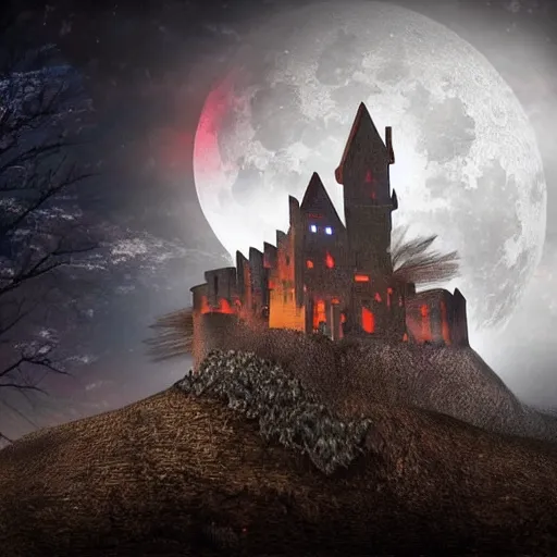 Prompt: mountain castle in front of blood moon, realistic, dark atmosphere, high realistic, surreal