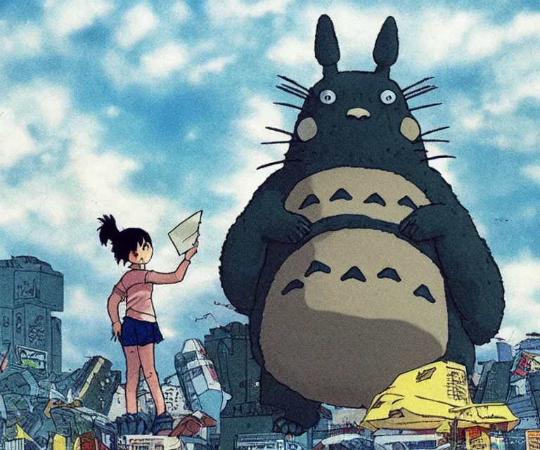 Prompt: giant totoro in the style of godzilla, destroying a city, jet fighters, anime