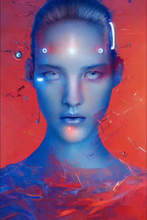 Image similar to 3 d, sci - fi, sun rays, sleepy fashion model face, blue faces, cinematic, vogue cover style, poster art, light red and deep blue mood, realistic painting, intricate oil painting, high detail, figurative art, multiple exposure, poster art, 3 d, by tooth wu and wlop and beeple and greg rutkowski