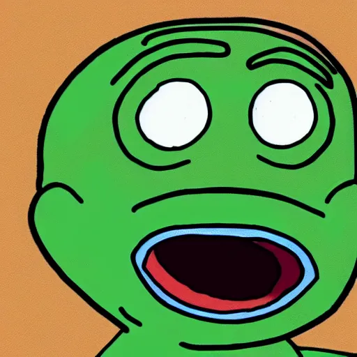 Image similar to pepe the frog, screenshot from rick and morty, cartoon illustration