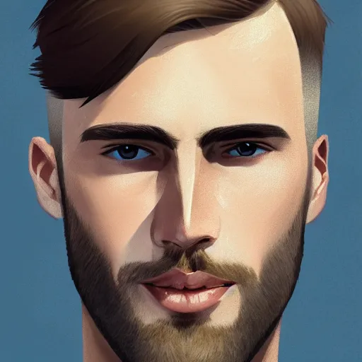 Image similar to tall chunky man in his twenties with brown blond short regular haircut and round facial structure with cleft chin, straight eyebrows, big grey blue eyes, happy, slightly set back jaw, cheekbones, straight nose, wider face, slight shadow of beard, atmospheric lighting, painted, intricate, 4 k, highly detailed by charlie bowater