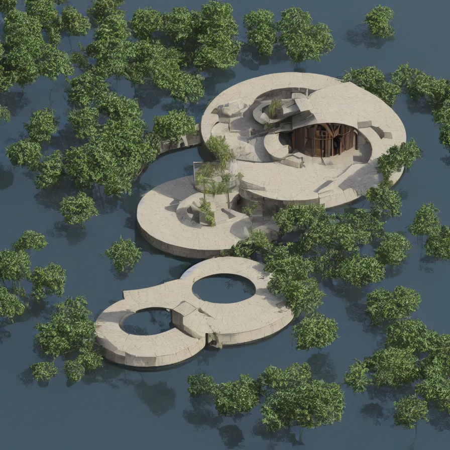 Prompt: architectural model, isometric view, 3 d render, studio lighting, low contrast, dark background, highly detailed, a circular house with circular courtyards floating on water at the edge of a lake, tree