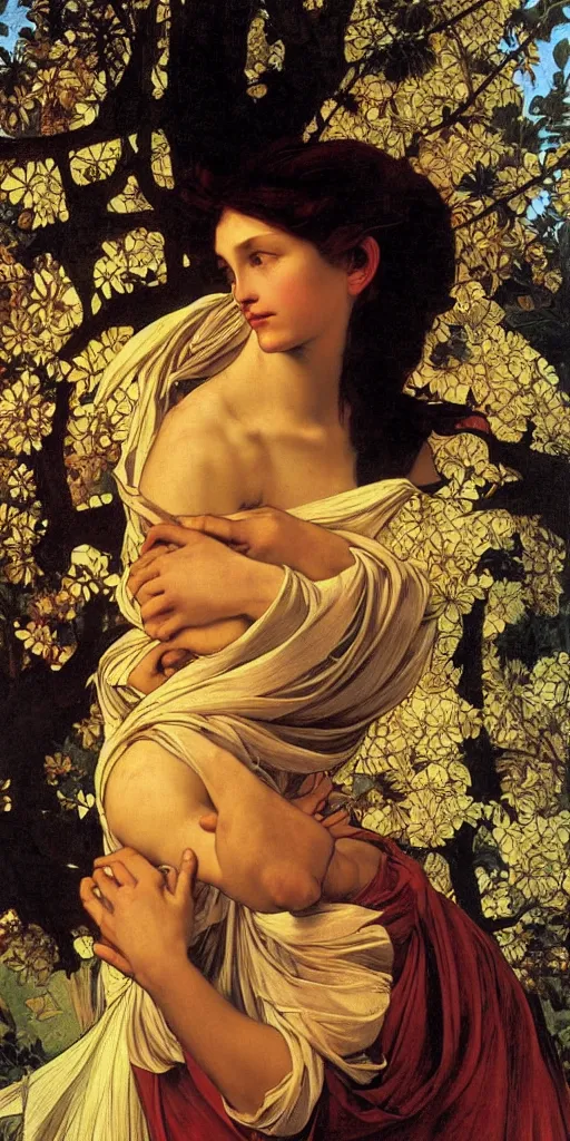 Image similar to mother nature, atmospheric light, head to toe, in the golden hour, by caravaggio, by mucha