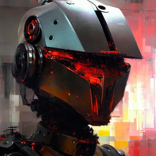 Image similar to a portrait of a concept robot with high tech armor, high detailed greg rutkowski painting, by adrian ghenie and gerhard richter. art by james gurney. masterpiece, deep colours.