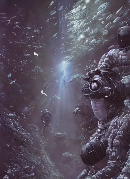 Image similar to astronauts in dark void underwater - complex and hyperdetailed technical suit. reflection and dispersion materials. rays and dispersion of light. volumetric light. f / 3 2. noise film photo. flash photography. ultra realistic, wide angle. poster by wayne barlowe, hajime sorayama aaron horkey, craig mullins