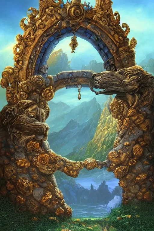 Image similar to A giant medieval fantasy blue energy portal gate with a rusty gold carved lion face at the center of it, the portal takes you to another world, full of colorful flowers on the lost Vibes and mountains in the background, spring, delicate fog, sea breeze rises in the air, by andreas rocha and john howe, and Martin Johnson Heade, featured on artstation, featured on behance, golden ratio, ultrawide angle, f32, well composed, rule of thirds, center spotlight, low angle view