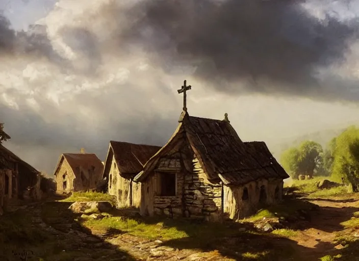 Prompt: oil painting of medieval village and old wooden church, stone walls, in dawn by anders zorn, wonderful art by greg rutkowski, incredible lighting, shadows, beautiful cinematic light, american romanticism by greg manchess, tall rocky mountains and storm clouds, sun rays, sunshine, bright sunny summer day