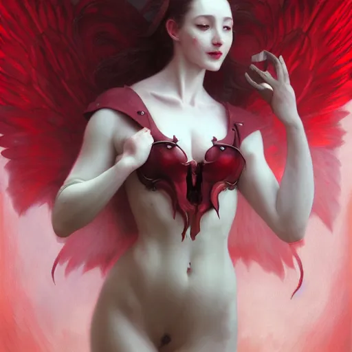 Prompt: Beautiful pale laughing succubus with wings and devil's horns, red lighting, masterpiece 4k digital illustration by Ruan Jia and Mandy Jurgens and Artgerm and william-adolphe bouguereau, highly detailed, trending on artstation, award winning,