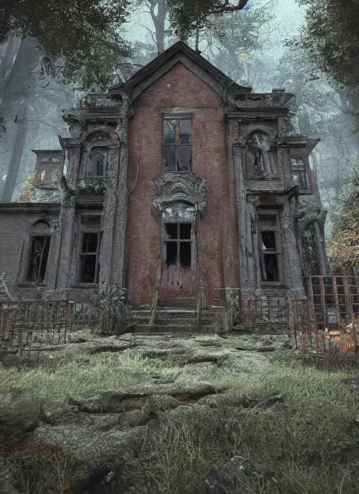 Image similar to an abandoned hell mansion on a ominous forest biome by pixar, smooth, cinematic, wet reflections, ray tracing x, rtx, smooth
