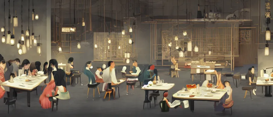 Prompt: a beautiful interior view illustration of a small roasted string hotpot restaurant in yan'an city, in the wall corner, chinese mountain architecture, restaurant wall paper is tower and mountain, rectangle white porcelain table, people are eating, black chair, animation illustrative style, from china, simple style structure decoration design, victo ngai, james jean, 4 k hd