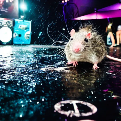 Image similar to a wet rat on stage in front of thousands of people djing sad anime music