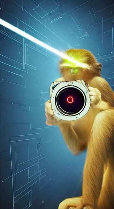 Image similar to “ small monkey with laser gun in large empty space, digital art, super aesthetic, art station trending, award winning ”