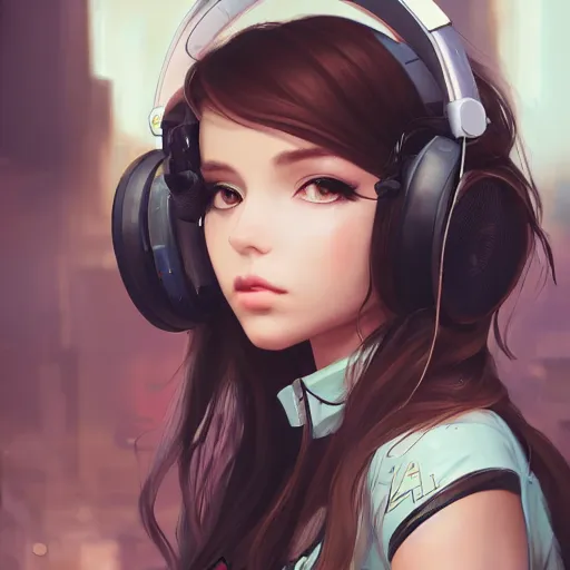 Prompt: beautiful full portrait of a girl, brunette curvy long hair, full - body shot, wearing cyberpunk headphones, streetwear, like a fashion model + high detailed, resolution beautifully detailed landscape 8 k, cinematic, 8 k, by bukurote + krenz cushart + ryota - h + wlop