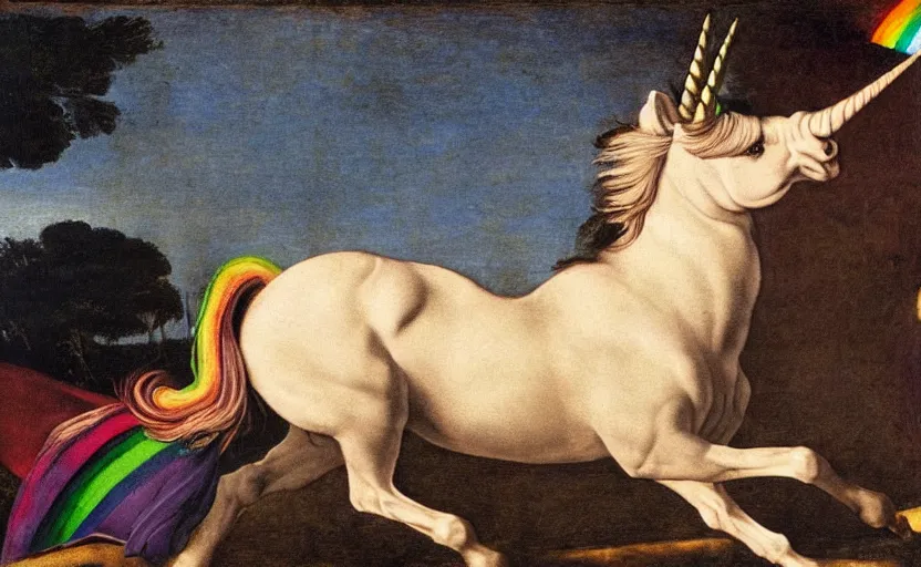 Image similar to a unicorn walking on a rainbow in the style of Caravaggio