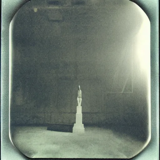 Prompt: a massive statue inside of a huge mine, dark, old polaroid, expired film, surreal, megalophobia,