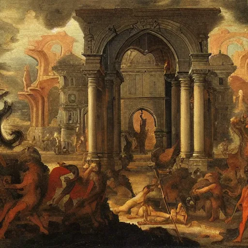 Image similar to In the center of the painting is a large gateway that seems to lead into abyss of darkness. On either side of the gateway are two figures, one a demon-like creature, the other a skeletal figure. in India by David B. Mattingly, by Frans Francken the Younger funereal