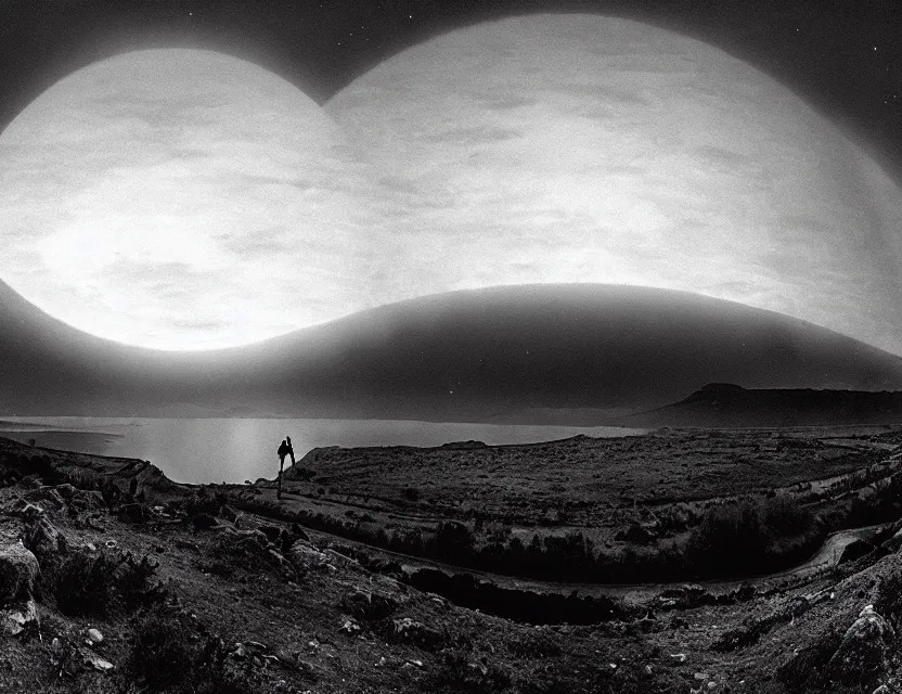 Image similar to wanderer, eerie, greek fantasy panorama, a magnificent giant turble emerging above the magic shining river styx, at night, otherworldly, ghost giant above the horizon, stanley kubrick, 1 8 mm, wide shot, surreal, deep