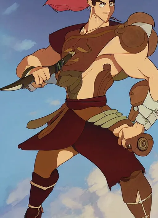 Prompt: official digital painting artwork of a male warrior character by don bluth, ross tran and studio ghibli.