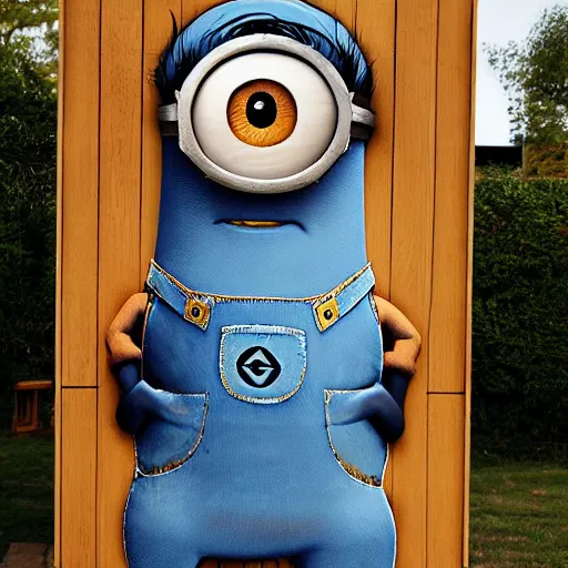 Prompt: huge minion sculpted out of oak wood, photograph