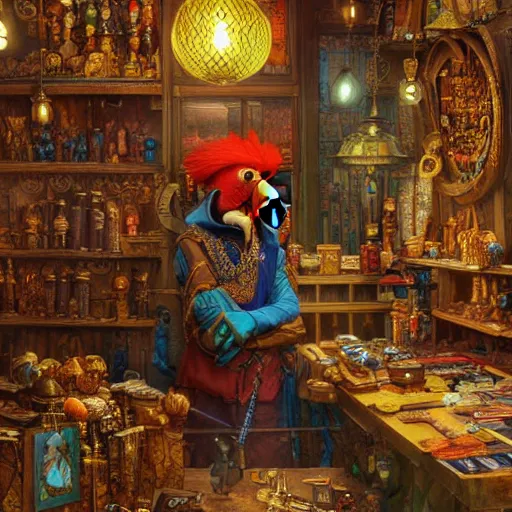 Prompt: A Anthropomorphized parrot trader in his shop, selling his wares, items, gold, carpet, window, D&D, fantasy, intricate, cinematic lighting, highly detailed, digital painting, artstation, concept art, smooth, sharp focus, illustration, art by Akihiko Yoshida, Greg Rutkowski and Alphonse Mucha