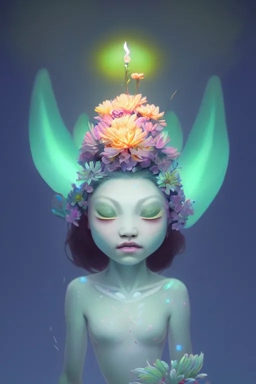 Image similar to super cute Bioluminescent Flower deity character concept, single head, no double head, soft light, soft mood, realistic body features and face, illustration, painting oil on canvas by Elena Zhurikhina and Goro Fujita and Charlie Bowater, octane render trending on artstation, 4k, 8k, HD