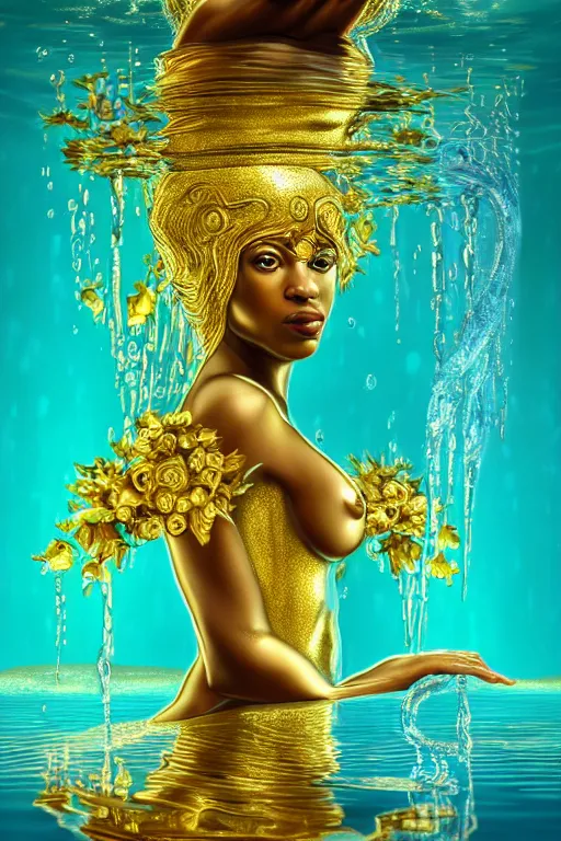 Image similar to illustration neo - renaissance cinematic super expressive! oshun goddess with water armor, staring at herself in a liquid mirror, gold flowers, highly detailed digital art masterpiece, smooth etienne sandorfi eric zener dramatic pearlescent soft teal light, ground angle uhd 8 k, sharp focus