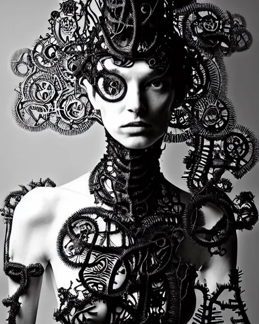 Image similar to surreal black and white photo portrait of complex bio-mechanical beautiful young female vegetal-cyborg with a Mandelbrot fractal steampunk metal fine lace face, a very long neck and a fine metal floral foliage super big lace collar by Alexander McQueen:: smoke, high fashion, haute couture, rococo, steampunk, silver filigree details, anatomical, facial muscles, cable wires, microchip, elegant, dreamy, foggy atmosphere, hyper realistic, 150 mm lens, soft rim light, octane render, unreal engine, picture was taken in 1910 by Man Ray, volumetric lighting, dramatic light,8k,