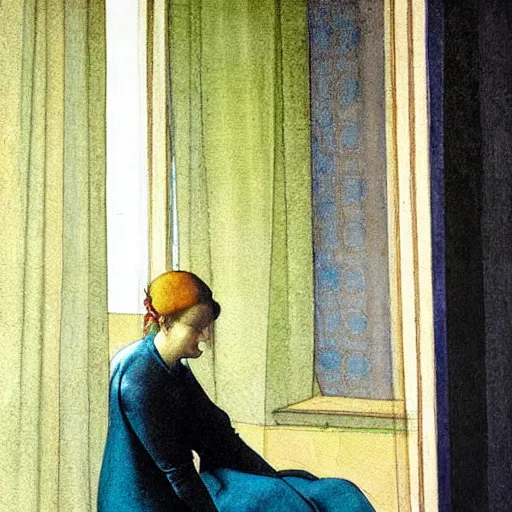 Prompt: a lonely girl in a liminal hotel room, watercolor by pontormo, limited color palette, very intricate, art nouveau, highly detailed, lights by hopper, soft pastel colors, minimalist