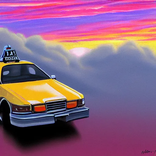 Image similar to a 1980s old taxi car floating above the clouds, sunset, digital painting,