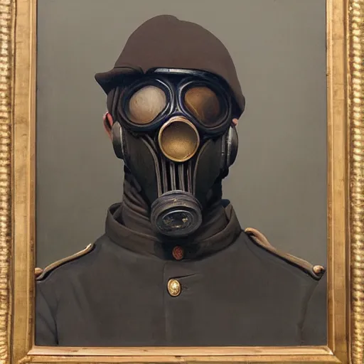 Prompt: a portrait painting of a world war 1 british soldier wearing gasmask, detailed, in the style of greg rutkowski