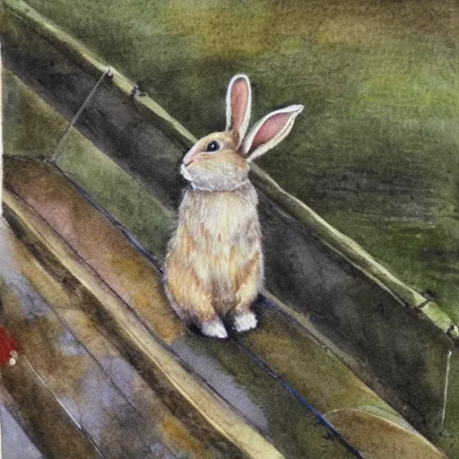 Image similar to a rabbit standing on a bridge, fishing, realistic watercolour