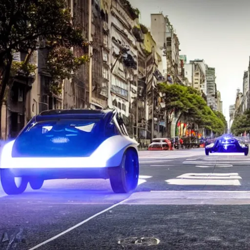 Image similar to Buenos Aires Argentina, futuristic cars in the street, holograms in the street, detailed, hd