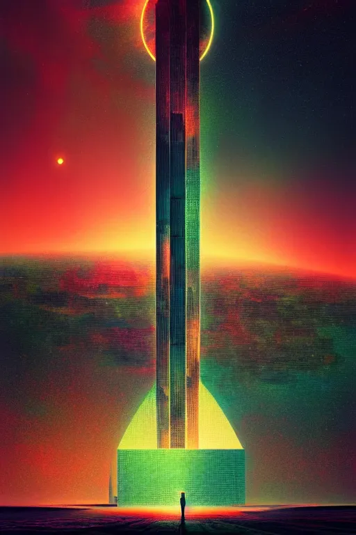 Image similar to emissary space by arthur haas and bruce pennington and john schoenherr, cinematic matte painting in the style of glitch art, minimal modern pixel sorting, zaha hadid building, photo realism, neon lights, dark moody color palate,